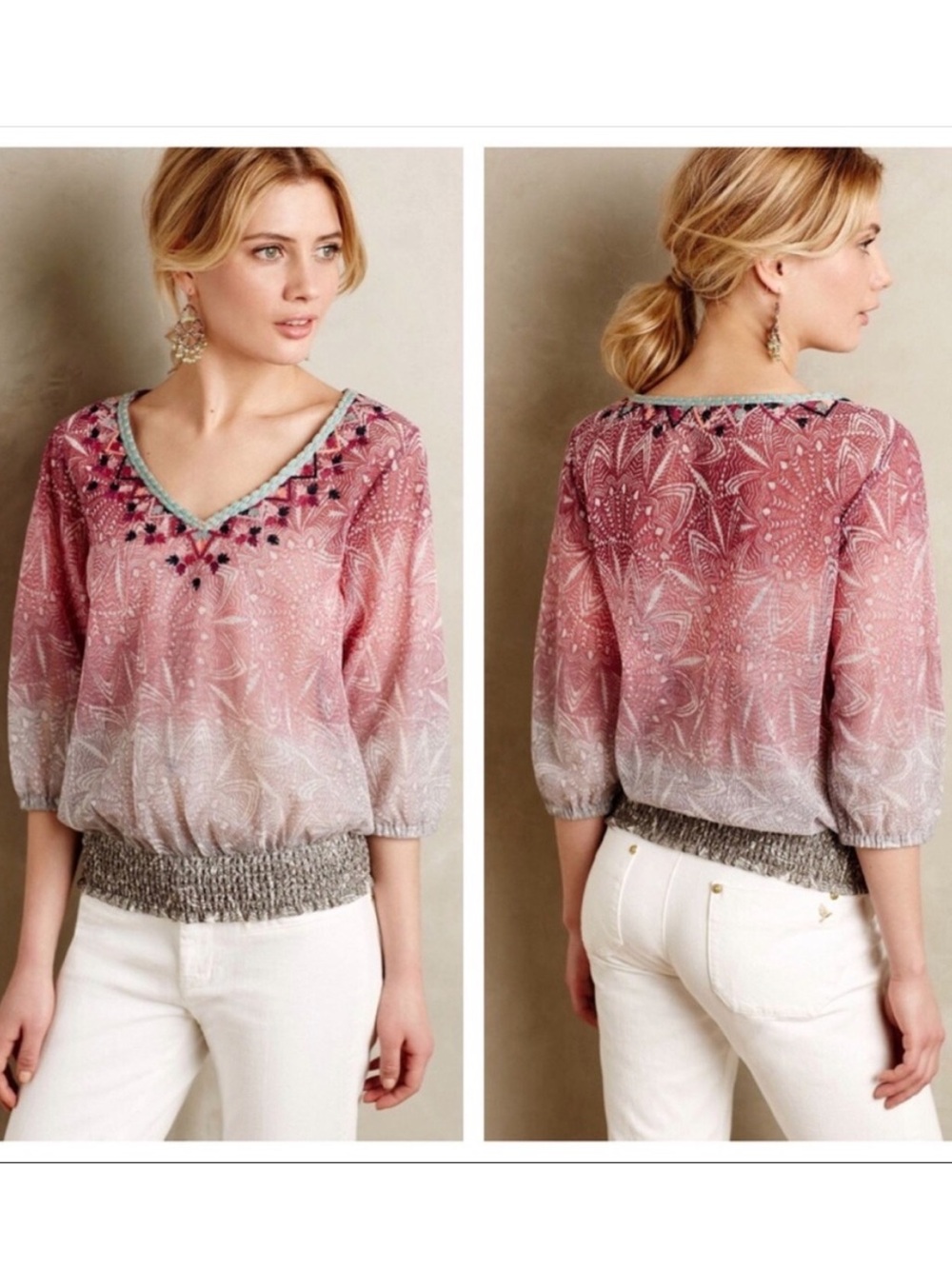 Anthropologie size S akemi+kin Embroidered boho V-Neck Ombre Pink Blouse